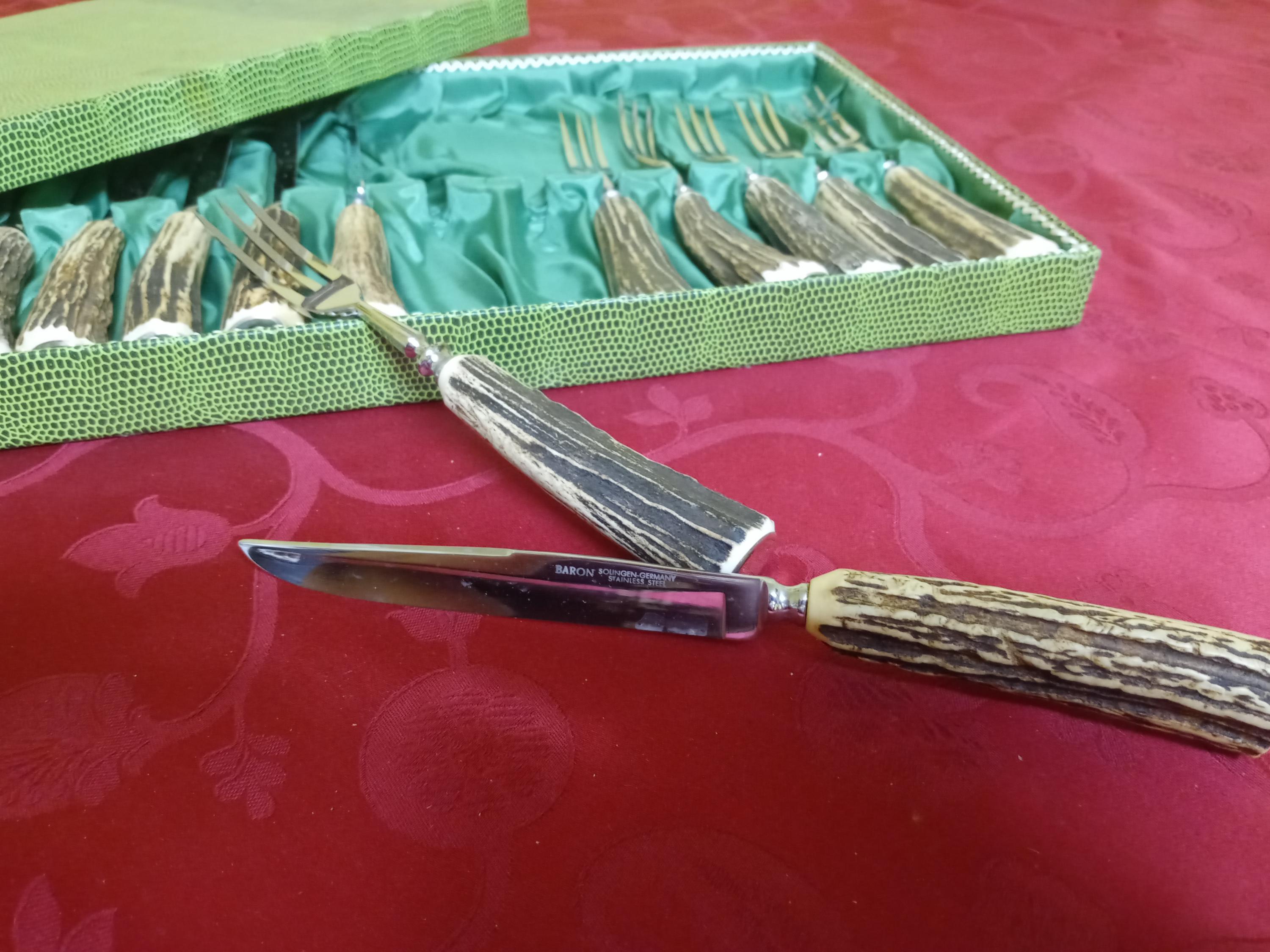 Baron Solingen Germany Set of Six Knives and 6 Forks, Antler