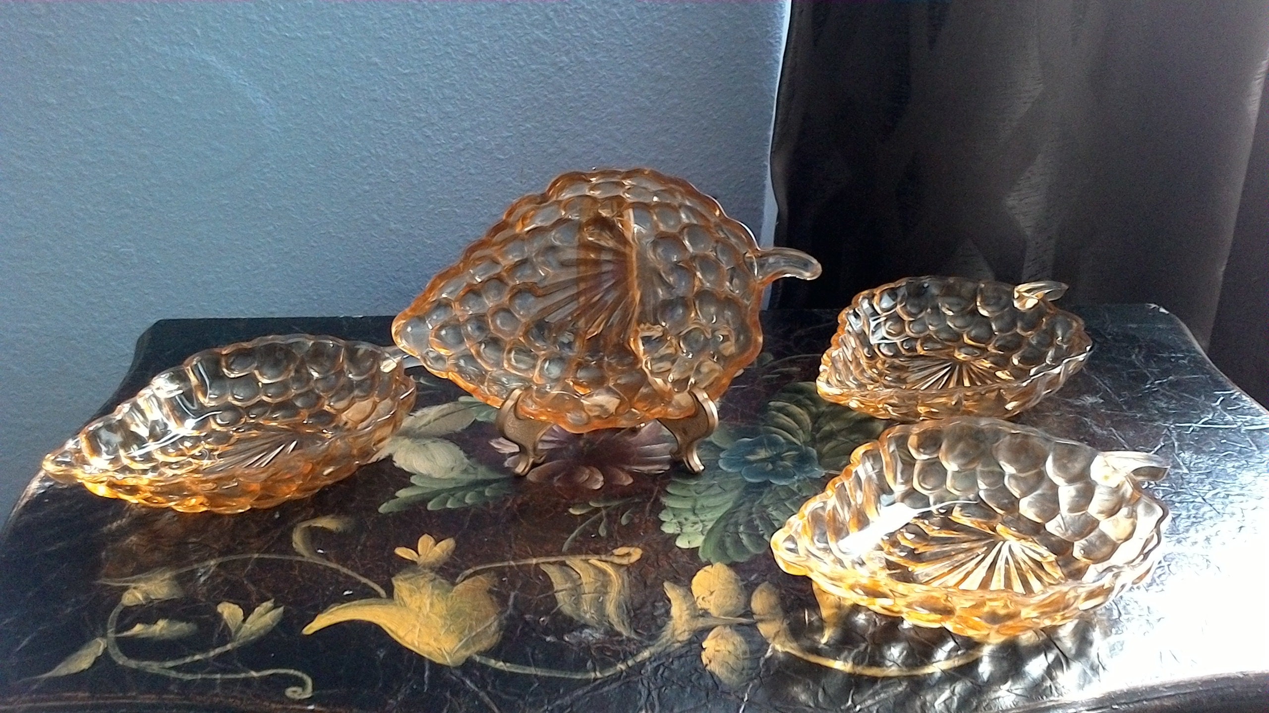 Orange Carnival Glass, Set Of Four Grape Design Carnival Glass Bowls, Vintage Candy Dish
