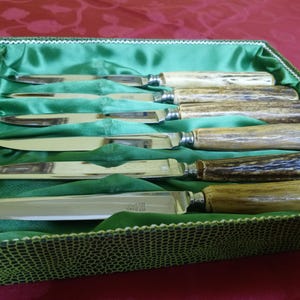 Othello Anton Wingen Solingen Set of Six Steak Knives, Antler Handle