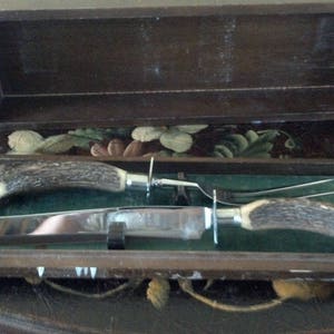 The Clement CO Antler Carving Set In Wooden Box, Vintage Knife and Fork, Vintage Carving Set From England