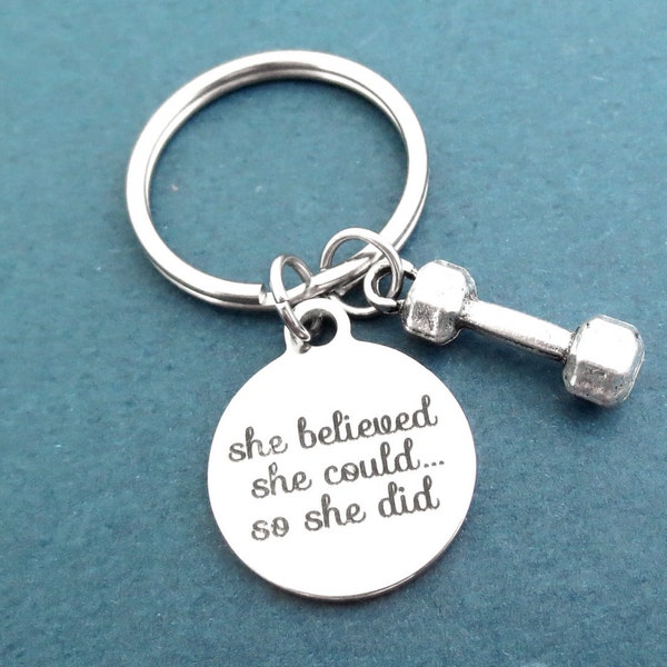 She believed, she could..., so she did, Dumbbell, Silver, Key chain, Workout, Exercise, Weight lose, Health, Key ring, Gift, Accessory