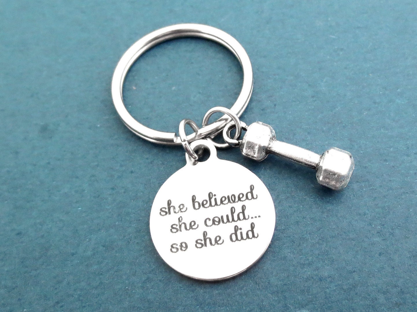 She believed, she could..., so she did, Dumbbell, Silver, Key chain, Workout, Exercise, Weight lose, Health, Key ring, Gift, Accessory
