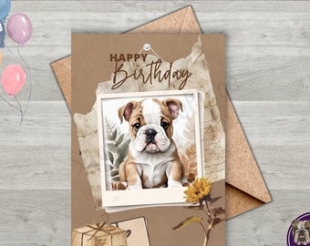 Bulldog Happy Birthday Card: Antique Puppy Design (Digital Download)