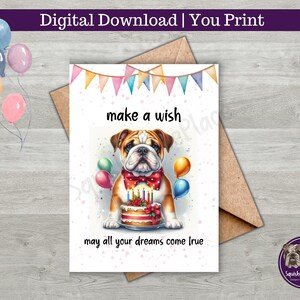 Bulldogge alles Gute zum Geburtstag druckbare Karte | Bulldogge Mit Kuchen | Bulldogge mit Fliege | Sofortdownload | Druckbare Grußkarte | Wünsch Dir was