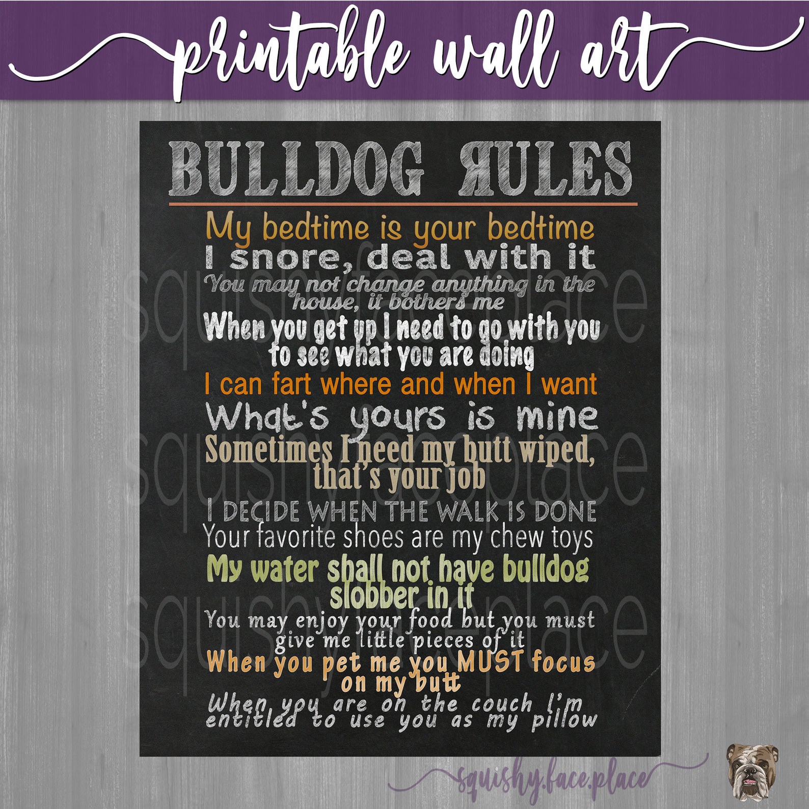 Bulldog Rules Digital Print Bulldog Decor Bulldog Wall Art Etsy UK