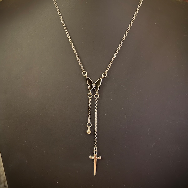 POST MALONE Inspired Silver Chain Necklace with Black Butterfly Charm and Drop Chain Sword Charm* // “Those Jorts Tho…”