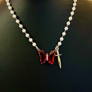 POST MALONE-Inspired Silver Faux-Pearl Studded Chain with Crystal Butterfly and Silver Sword Necklace* // “TCT Tour” // Red or Blue