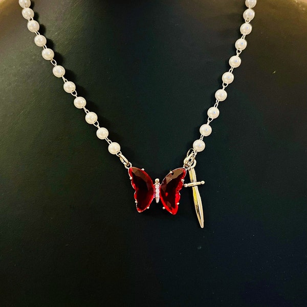 POST MALONE-Inspired Silver Faux-Pearl Studded Chain with Crystal Butterfly and Silver Sword Necklace* // “TCT Tour” // Red or Blue