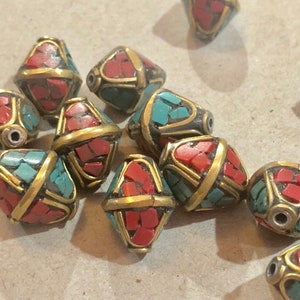 4pcs Tibetan Double Cone Handmade Gemstone Beads, Brass Turquoise Coral Inlay - 15mm x 12mm