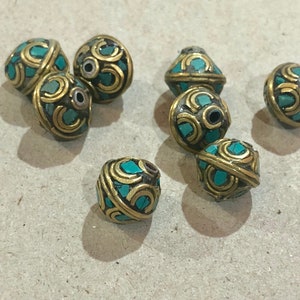 4pcs Tibetan Handmade Gemstone Beads, Brass Turquoise Inlay - 11mm x 10mm