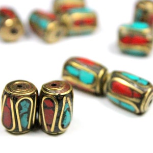 4pcs Tibetan Handmade Gemstone Beads, Brass Turquoise Coral Inlay - 12mm x 9mm