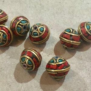 4pcs Tibetan Handmade Gemstone Beads, Brass Turquoise Inlay - 11mm x 10mm