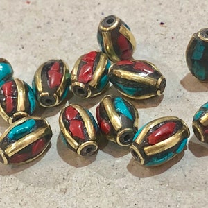 4pcs Tibetan Handmade Gemstone Beads, Brass Turquoise Inlay - 12mm x 8mm