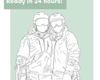 May include: Line drawing of a couple in ski gear, wearing helmets and goggles, with the text "Custom Couples Portrait" and "Ready in 24 hours!". The names "Callie and Jackson" are written below the illustration.
