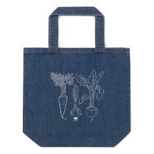 Organic denim farmers market tote bag