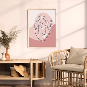 Impresión de póster de dibujo de línea minimalista rosa de corazón anatómico (descarga instantánea, varios tamaños)