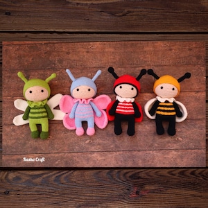 Mönster för virkad docka med insekts-Amigurumi för fjäril, bi, trollslända och nyckelpiga (PDF-mönster)