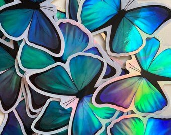 Holographic Blue Morpho Butterfly Sticker | Laptop or Water Bottle Decal | Waterproof | Cute and Small