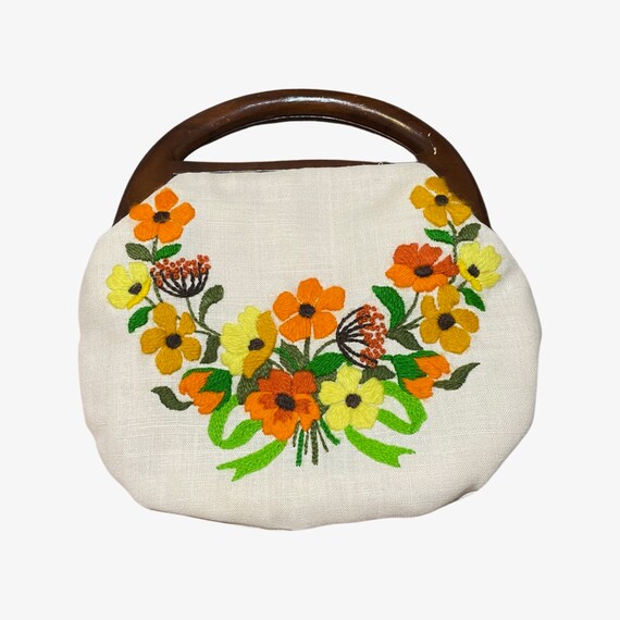 Vintage Handmade Floral Linen Embroidered bag - image 2