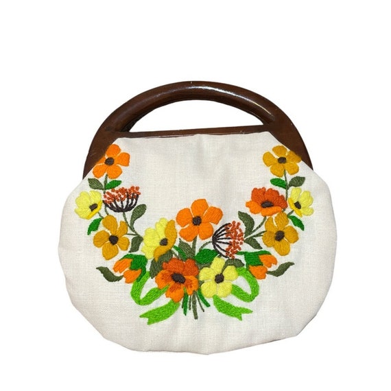 Vintage Handmade Floral Linen Embroidered bag - image 1