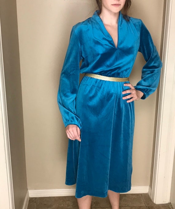 Vintage Velvet Aqua Blue 1970s Dress - image 3