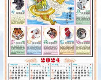 2024 Chinese Wall Scroll Calendar w/ Picture of 12 Zodiac Animals (SW04)