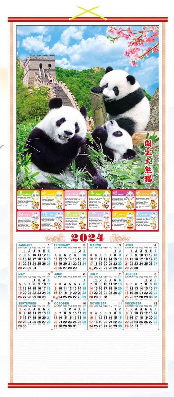 Calendrier mural chinois 2024 avec image de pandas SW07 -  France