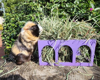 Comedero de madera de pino natural con tres arcos y base para cobayas pequeñas.