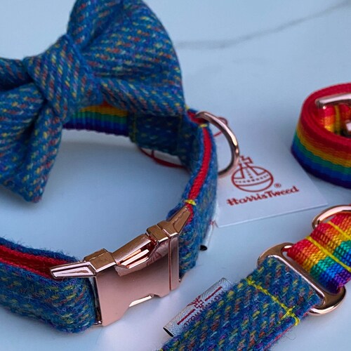 Teal Green Tweed Dog Collar Bow Lead Set Rose Gold Metal Etsy