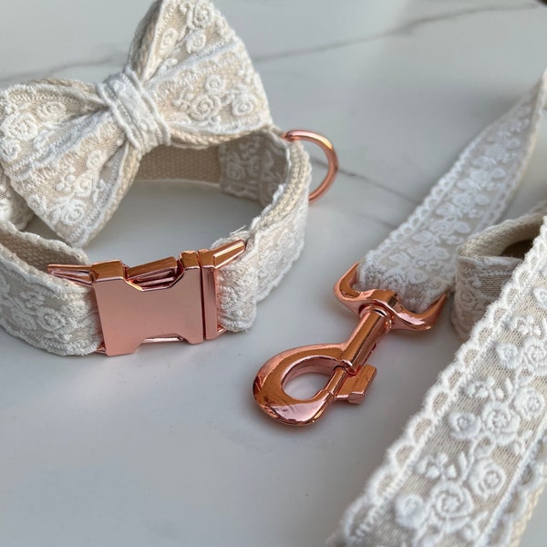 White Lace Dog Collar Bow and Lead Set Rose Gold Metal Buckle Quick Release Wedding Dog Puppy Lead Leash | Dash Of Hounds