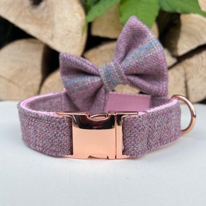 Rose Pink Tweed Dog Collar Optional Bow Lead  Rose Gold Metal Buckle Quick Release Female Country Dog Puppy Leash | Dash Of Hounds