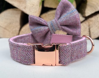 Rose Pink Tweed Dog Collar Optional Bow Lead  Rose Gold Metal Buckle Quick Release Female Country Dog Puppy Leash | Dash Of Hounds
