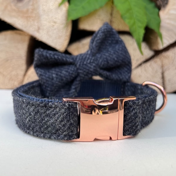 Navy Blue & Grey Tweed Dog Collar Optional Bow and Lead  Rose Gold Metal Buckle Male Country Dog Puppy Lead Leash | Dash Of Hounds