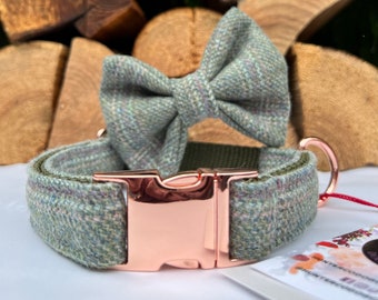 Meadow Green Tweed Dog Collar optional Bow Lead  Rose Gold Metal Buckle Male Country Dog Puppy Lead Leash | Dash Of Hounds