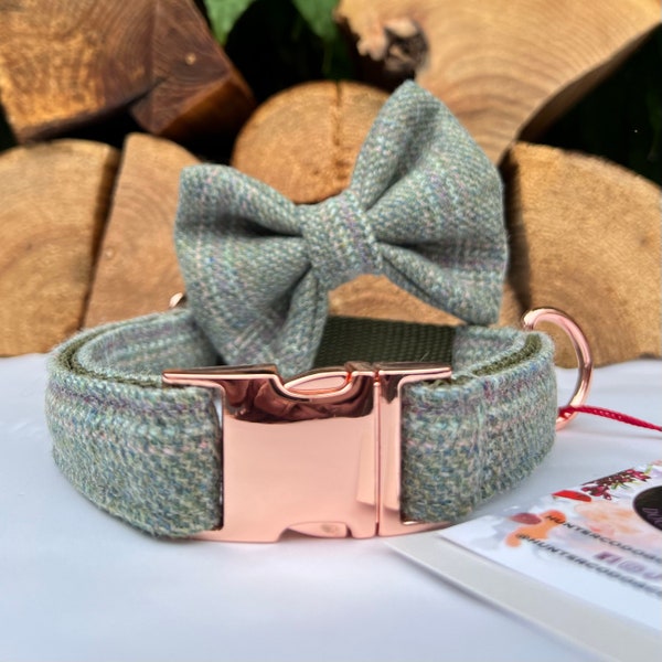 Meadow Green Tweed Dog Collar optional Bow Lead  Rose Gold Metal Buckle Male Country Dog Puppy Lead Leash | Dash Of Hounds