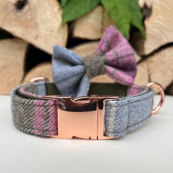 Khaki Rose Pink Tweed Dog Collar Optional Bow Lead  Rose Gold Metal Buckle Quick Release Female Country Dog Puppy Leash | Dash Of Hounds