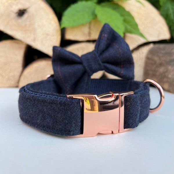 Navy Blue Tweed Dog Collar Optional Bow and Lead  Rose Gold Metal Buckle Male Country Dog Puppy Lead Leash | Dash Of Hounds