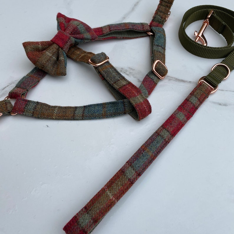 Autumnal Khaki Tweed Dog Harness Rose Gold Matte Black or Silver Adjustable Step In Style image 7