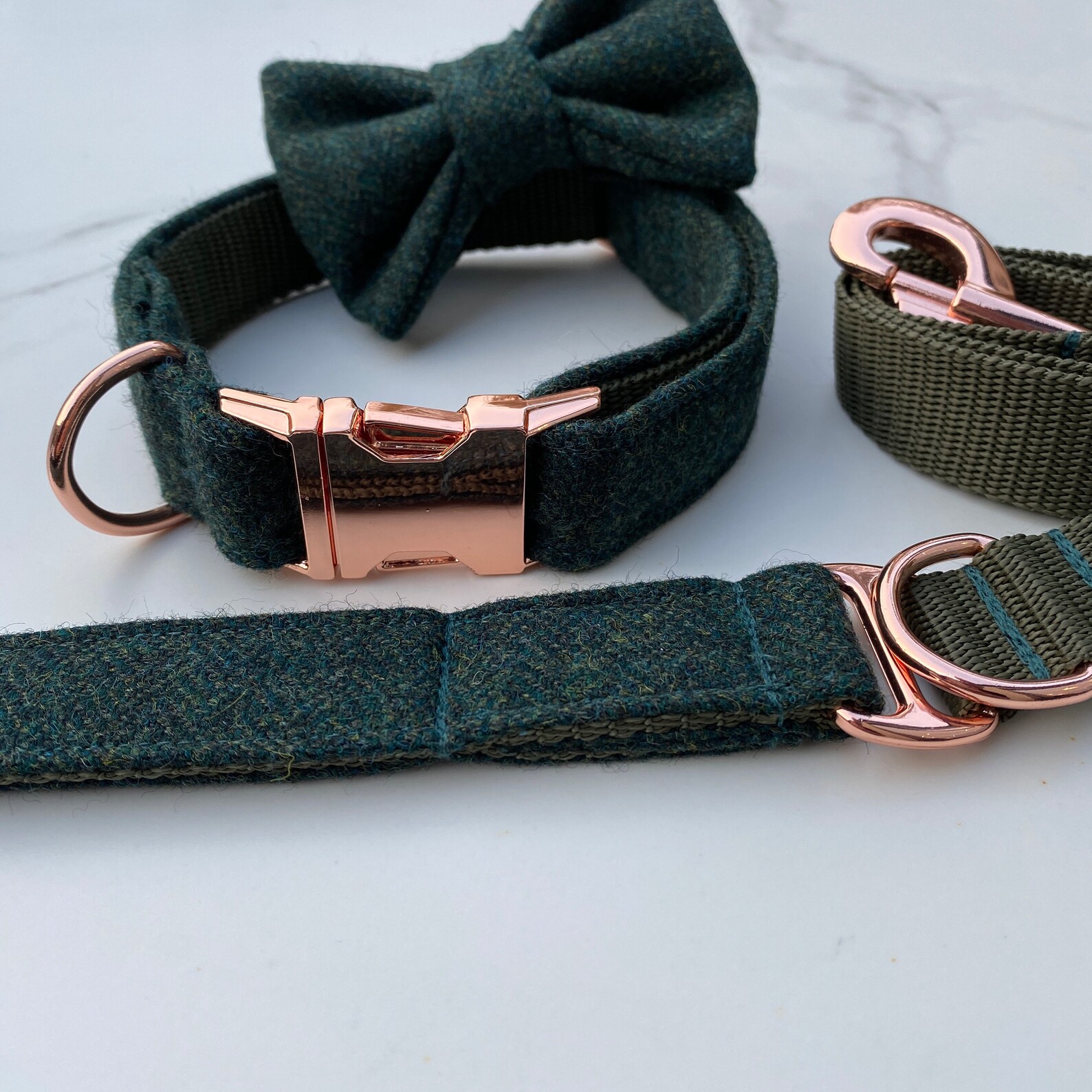 Teal Green Tweed Dog Collar Bow Lead Set Rose Gold Metal Etsy
