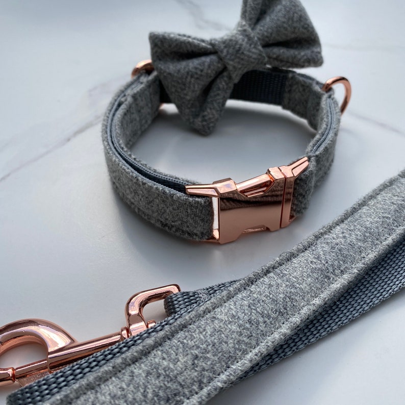 Light Grey Tweed Dog Collar Bow and Lead Set Rose Gold Metal Etsy UK