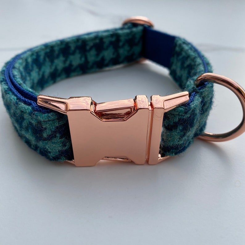 Turquoise Blue Tweed Dog Collar Bow and Lead Set Rose Gold Etsy