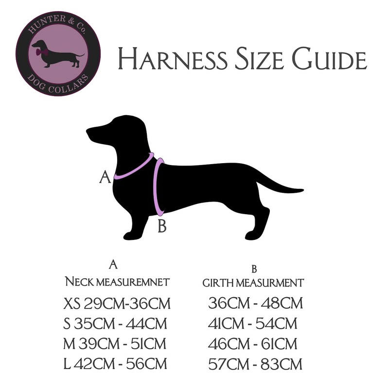 May include: A size guide for dog harnesses, showing a black silhouette of a dachshund with measurements labeled "A" for neck and "B" for girth. The chart lists sizes XS through L with corresponding neck and girth measurements in centimeters.