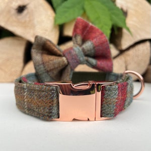 Autumn Khaki Tweed Dog Collar Optional Bow Lead  Rose Gold Metal Buckle Quick Release Female Country Dog Puppy Leash | Dash Of Hounds