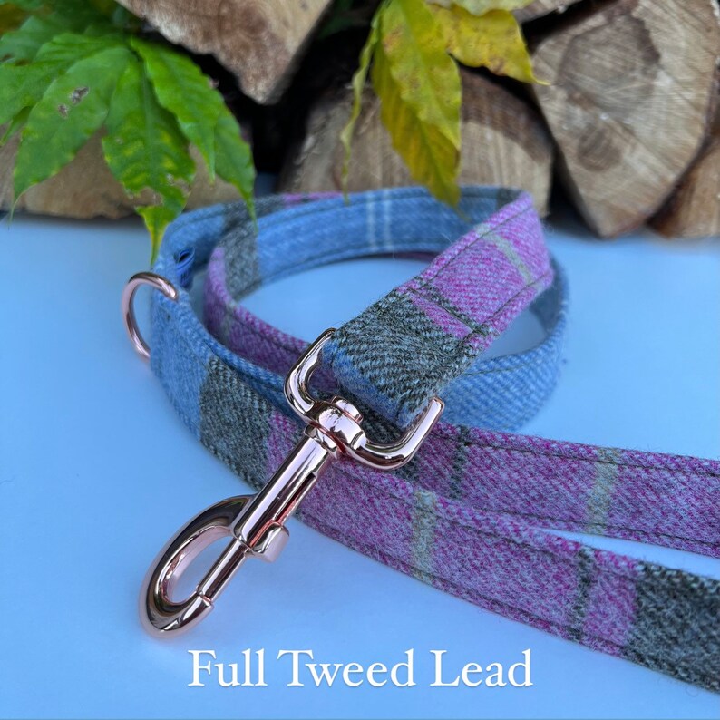 May include: A pink and blue tweed dog leash with a rose gold clasp. The leash is made of a soft, durable material and is perfect for everyday use.  Full Tweed Lead.