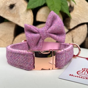 Harris Tweed® Dog Collar Optional Bow and lead  Rose Blush Pink Quick Release Buckles | Dash Of Hounds