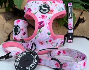 BUNDLE Pink Watercolour Floral Dog Harness Collar Lead Poo Bag Holder | Soft Cushion Adjustable Harness, Female Dog Puppy Harness,