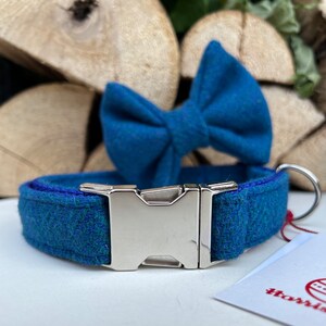 May include: A blue dog collar and matching bow tie set. The collar features a silver metal buckle and a D-ring. The bow tie is a classic bow shape. The collar and bow tie are made of a textured blue fabric.