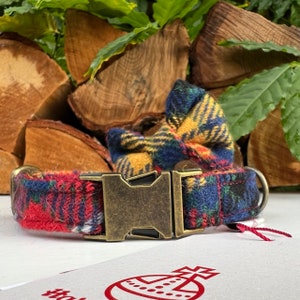 Harris Tweed® Tartan Dog Collar Optional Bow and lead  Yellow Blue Red Rose Gold Quick Release Buckles | Dash Of Hounds