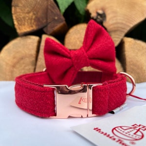 Harris Tweed® Red Dog Collar Optional Bow and Lead  with Rose Gold Metal Buckle Quick Release  Country Dog Puppy Leash | Dash Of Hounds