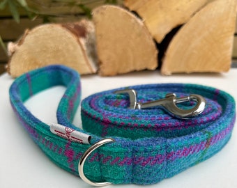 Harris Tweed Tropical Sunset Blue Turquoise Pink Dog Lead | Rose Gold Metal Hardware | Male Country Dog Puppy Lead Leash | Dash Of Hounds